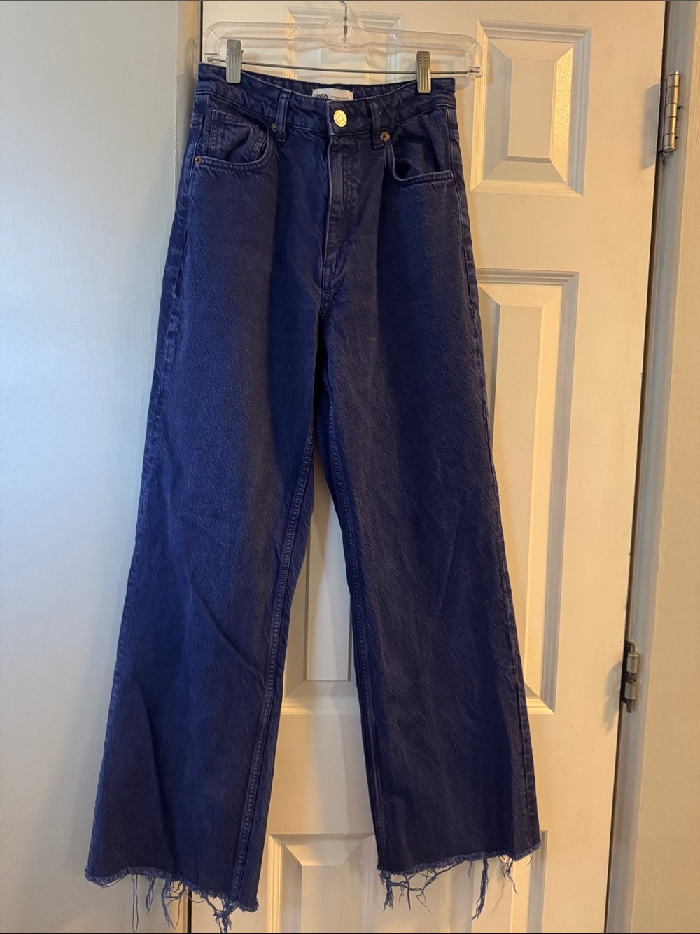 Zara Wide Leg Dark Blue Jeans with Raw Hem